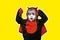 Child play in costume dracula. Halloween decoration and scary concept. Halloween wide banner. Scary face. Advertisement