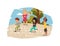 Child play hopscotch activity game outside. Hispanic and white kids hop scotching at their playtime, cartoon vector.