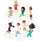 Child play hopscotch, isolated. Little kids, black, hispanic and white, jump around hop scotching, play activity game.