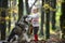 Child play with husky and teddy bear on fresh air outdoor. Red riding hood with wolf in fairy tale woods. Activity and