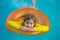 Child play in pool on inflatable ring. Kid with inflatable ring in swimming pool. Child water toys. Children play in