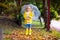 Child playing in autumn rain. Kid with umbrella