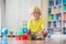 Child playing with magnetic building blocks