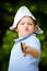 Child playing pirate in homemade costume