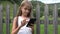 Child Playing Smartphone Outdoor, Kid on Tablet, Girl Relaxing in Nature