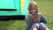Child Playing Tablet, Kid by Tent at Camping, Girl Surfing Gadget on Meadow