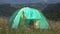 Child Playing in Tent at Camping in Mountains, Kid Waving Goodbye, Tourist Girl in Alpine Trip, Excursion, Children Outdoor