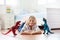 Child playing with toy dinosaurs. Kids toys