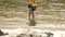 Child playing toys on beach by river. baby walks barefoot on the beach bathes in water.