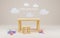 Child playroom with table, chair and basket toys for fun games or education. Modern interior kids room on pastel beige