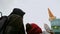 Child point her father at landmark giant ice-cream on roof Cologne, Germany