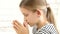 Child Praying Before Eating Breakfast in Kitchen, Kid Preparing to Eat Meal, Christian Girl Religious View at Home