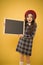 Child promo information board. Girl hold blank blackboard chalkboard. Tourist information. Travel around world
