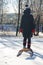 Child pulls sled broke snow snow in winter