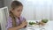 Child Reading Book in Kitchen, Kid Face Drinking Tea, Girl Eating Breakfast