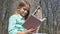 Child Reading in Tree Park, Schoolgirl Reads Book Outdoor in Nature, Educative