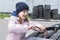 A child is repairing a car outdoors. Repair service. Car service,  Auto repair concept