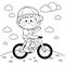Child riding a bicycle at the park. Vector black and white coloring page.
