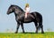 Child riding a big horse in field