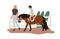 Child riding pony at racecourse. Instructor teaching kid at equestrian school. Lesson of horseriding for children. Boy