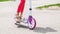 Child riding scooter. Happy little kid girl playing pink kick board on road in park outdoors on summer day, Active children games