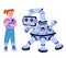 Child robotics with child controlling robot, flat vector illustration isolated.