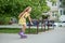 Child rollerblading fast at skate park. Having fun. Concept of an active lifestyle, hobbies