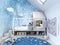 Child room, kids bedroom with blue carpet and toys