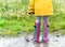 A child in rubber boots jumps in a puddle