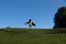 Child running jumping and flying with toy plane wings on grass in park. Child imagination dream to be pilot. Creative