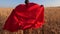 Child runs across field of wheat in beautiful red cape against blue sky. close-up. teen girl plays superhero in a red