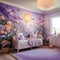 a child\'s bedroom with a mural of flowers on the wall Bohemian interior Nursery with Lavender color