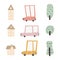 Child's city cars set with cute houses and trees. Funny transport. Cartoon vector illustration in simple childish hand