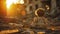 Child\\\'s doll is located among ruins of residential buildings at sunset. Strong, emotional image of consequences of war