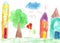 Child`s drawing. Country house and trees