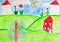 Child`s drawing of houses and flowers. Colored and bright child`s drawing