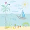 A child\'s drawing in vector. Sun, sea, beach, sailing away, vaca