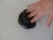 Child`s hand poking black slime