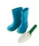 Child\'s little blue rubber gumboots with a shovel