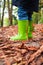 A child`s novelty green wellies or wellington boots standing on autumn leaves