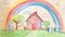 A child\\\'s painting of a family with a house and a rainbow.Childhood artwork