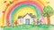 A child\\\'s painting of a family with a house and a rainbow.Childhood artwork