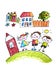 Child\\\'s painting on paper. Kids drawing image. Little children, boys and girls. School, kindergarten illustration. Play and grow.