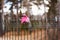 A child`s warm lost glove hangs on the fence. Finding on the street on a cold autumn day