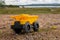 A child`s yellow dump truck abandoned on the ground by a lake, taken at ground level