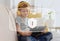 Child safety online. Little boy using tablet at home. Illustration of internet blocking app