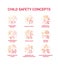 Child safety red gradient concept icons set