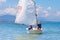 Child sailing. Kid learning to sail on sea yacht