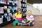 Child in school library. Kids reading books