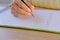 Child, schoolboy in yellow t-shirt, writes letters in notebook with an pencil, bright backlight, education concept, elementary